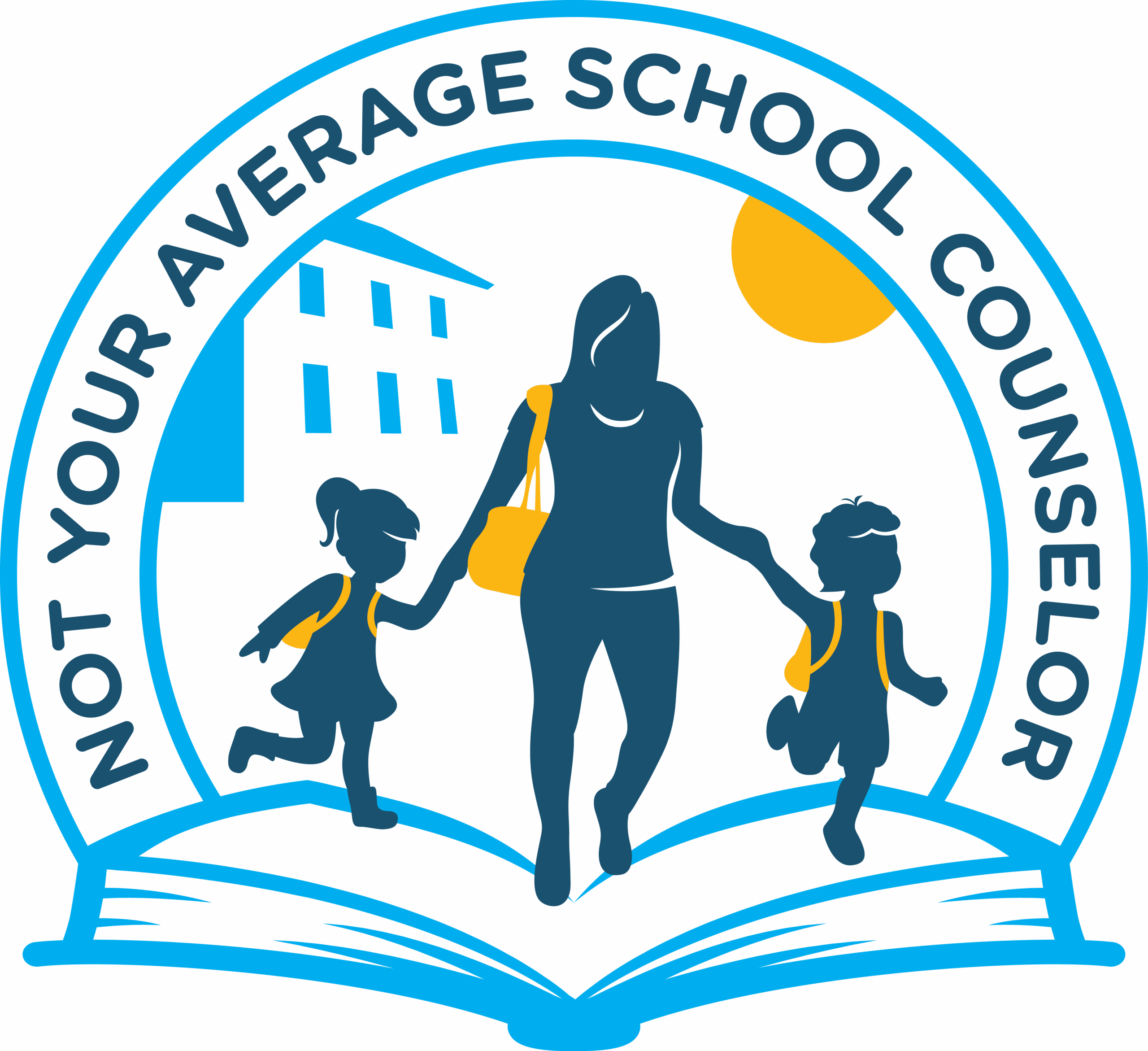 An adult woman happily leading two small children with backpacks. The image is blue and yellow.
